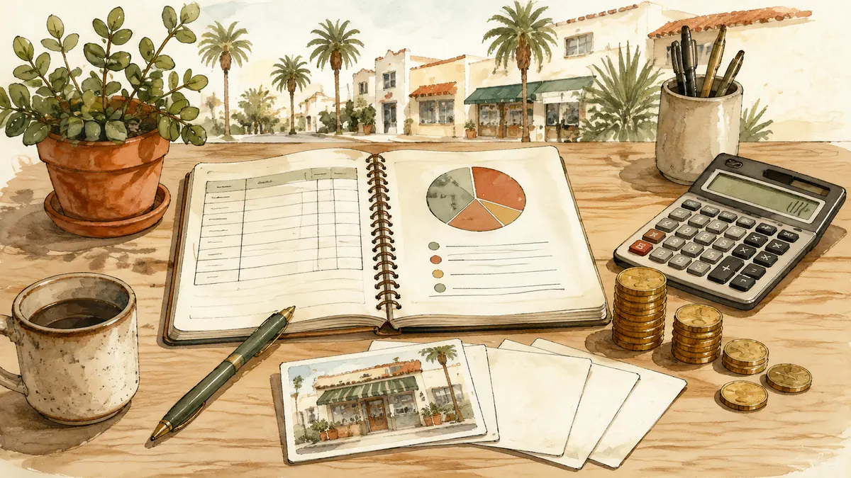 Illustration: Advertising budget notebook, calculator and coins beside storefront postcards.