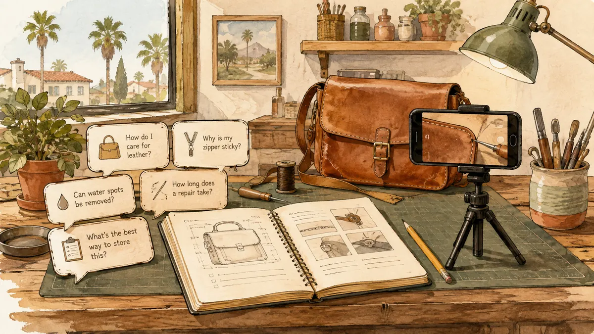 Illustration: Customer question cards and a phone filming a leather repair at a workbench.