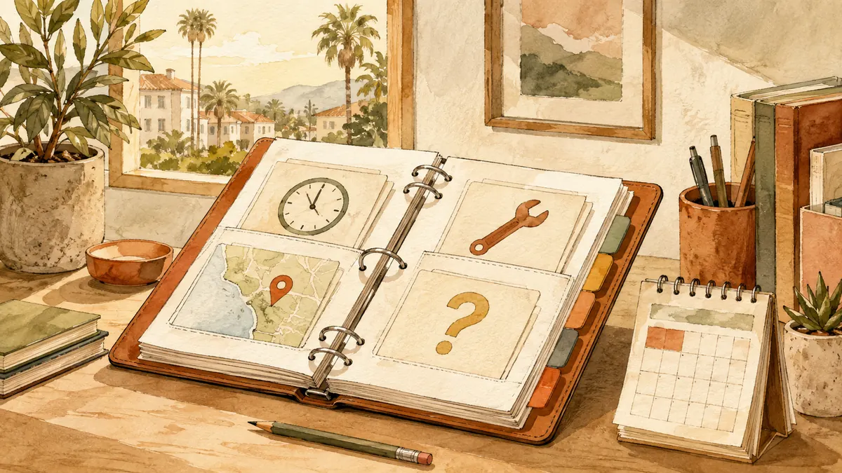 Illustration: Tabbed reference binder with hours, location, service and question cards.