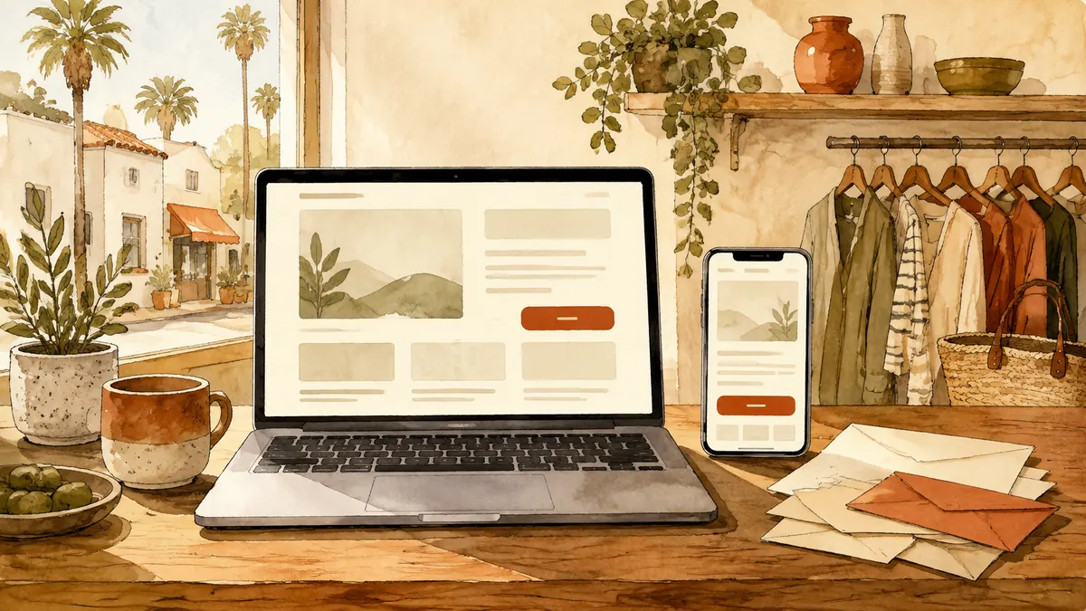 Illustration: Laptop and phone showing simple website layouts with prominent contact buttons.