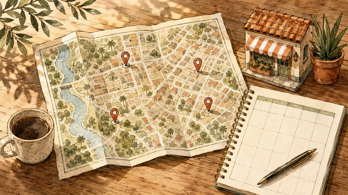 Illustration: Illustrated neighborhood map with location pins, a storefront model and weekly planner.