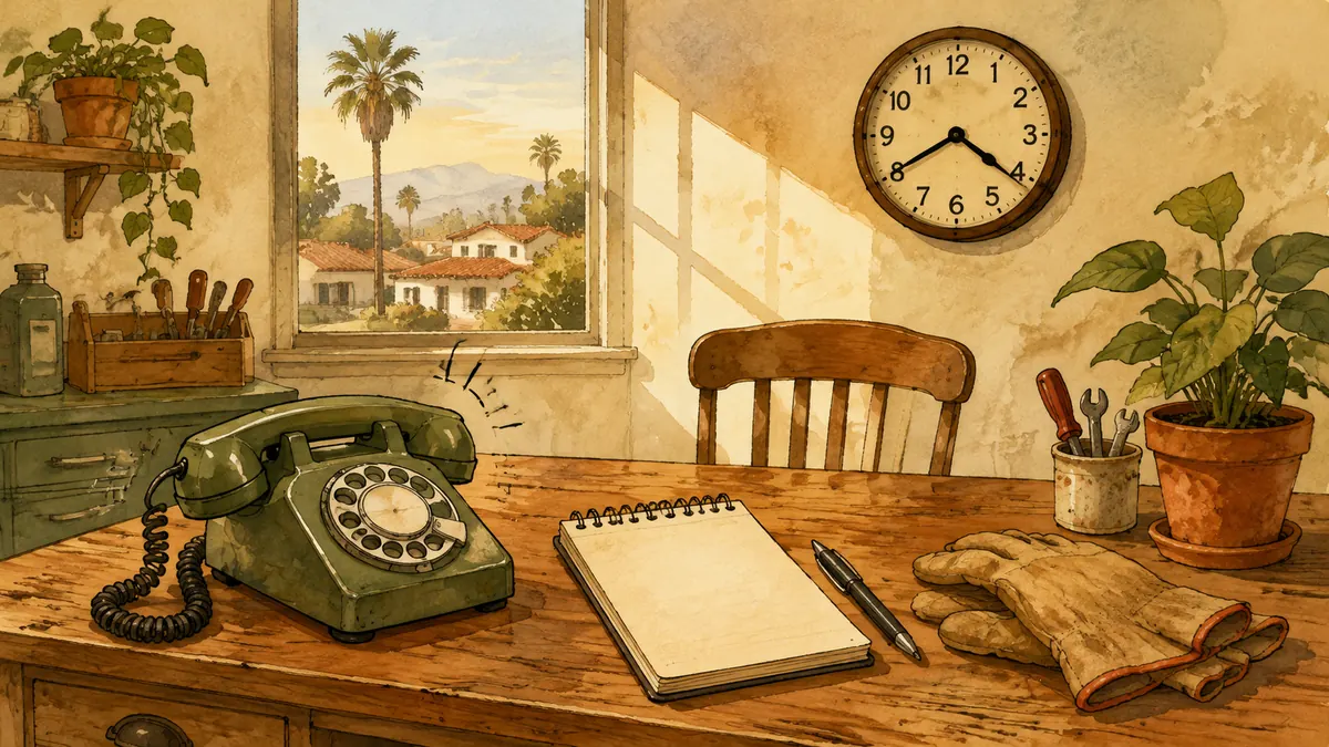 Illustration: Ringing telephone beside a callback notebook and work gloves at an empty desk.