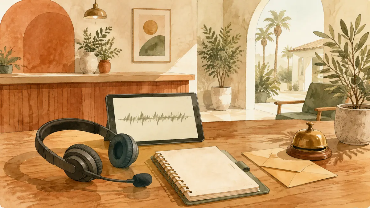 Illustration: Telephone headset, audio waveform, appointment notebook and reception bell.