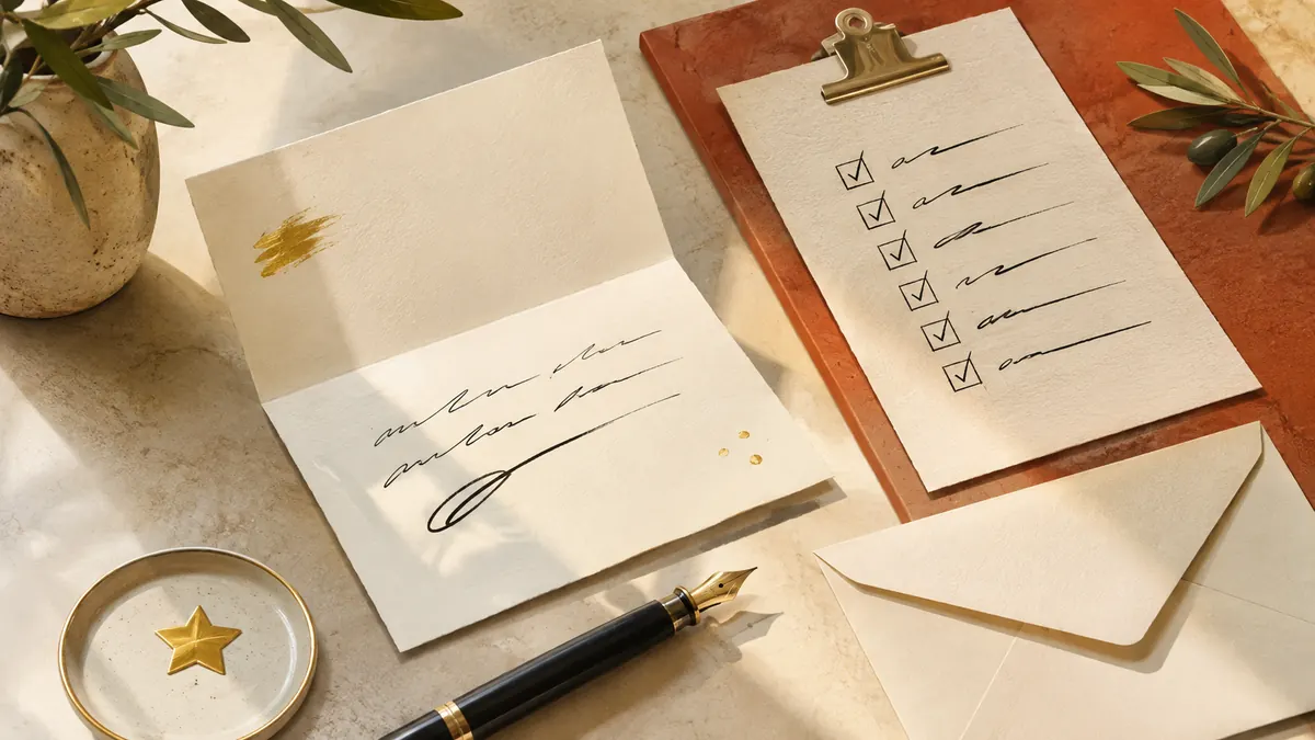 Illustration: Thank-you card, pen and envelope beside a completed-work checklist.