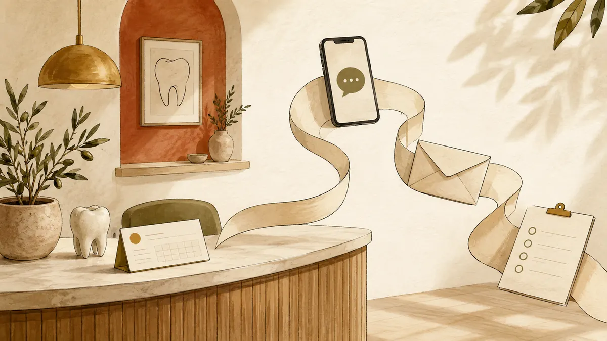 Illustration: Dental reception counter with a phone, envelope and follow-up checklist.