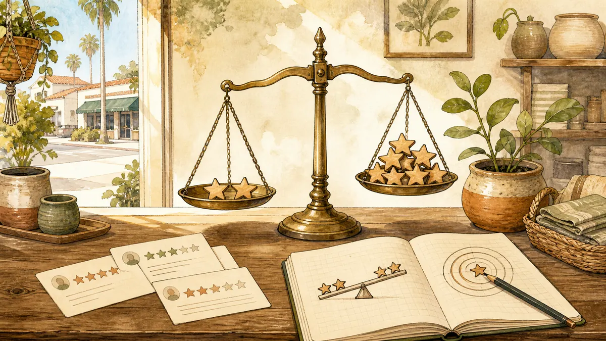 Illustration: Brass balance scale with wooden stars and review cards on a shop counter.